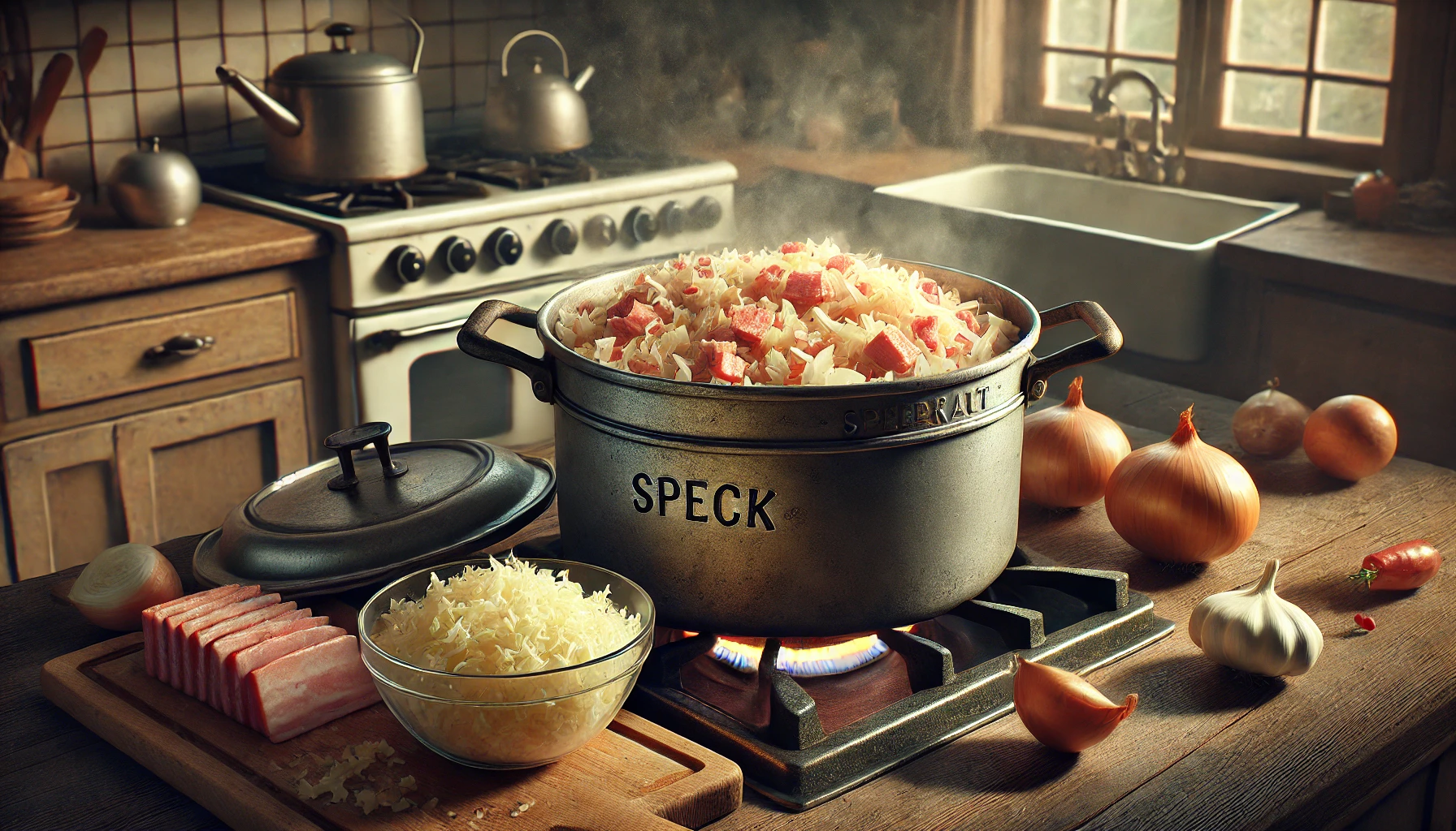 Das Foto zeigt einen Schmortopf, in dem gewürfelte Zwiebeln und Speck angebraten werden. Daneben steht eine Schüssel mit frischem Sauerkraut, bereit zum Hinzufügen. Die Szene ist einladend und gut beleuchtet, mit natürlichem Licht, das die Zutaten hervorhebt.