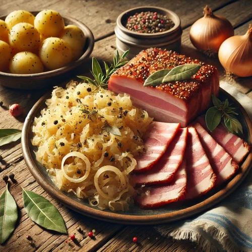 Das Foto zeigt den fertigen Kasseler, in Scheiben geschnitten, zusammen mit dem Sauerkraut auf einem Teller angerichtet. Daneben liegen Kartoffeln oder Klöße, die das Gericht vervollständigen. Der Tisch ist rustikal gedeckt, und die Szene ist warm und einladend, perfekt für ein herzhaftes Essen.