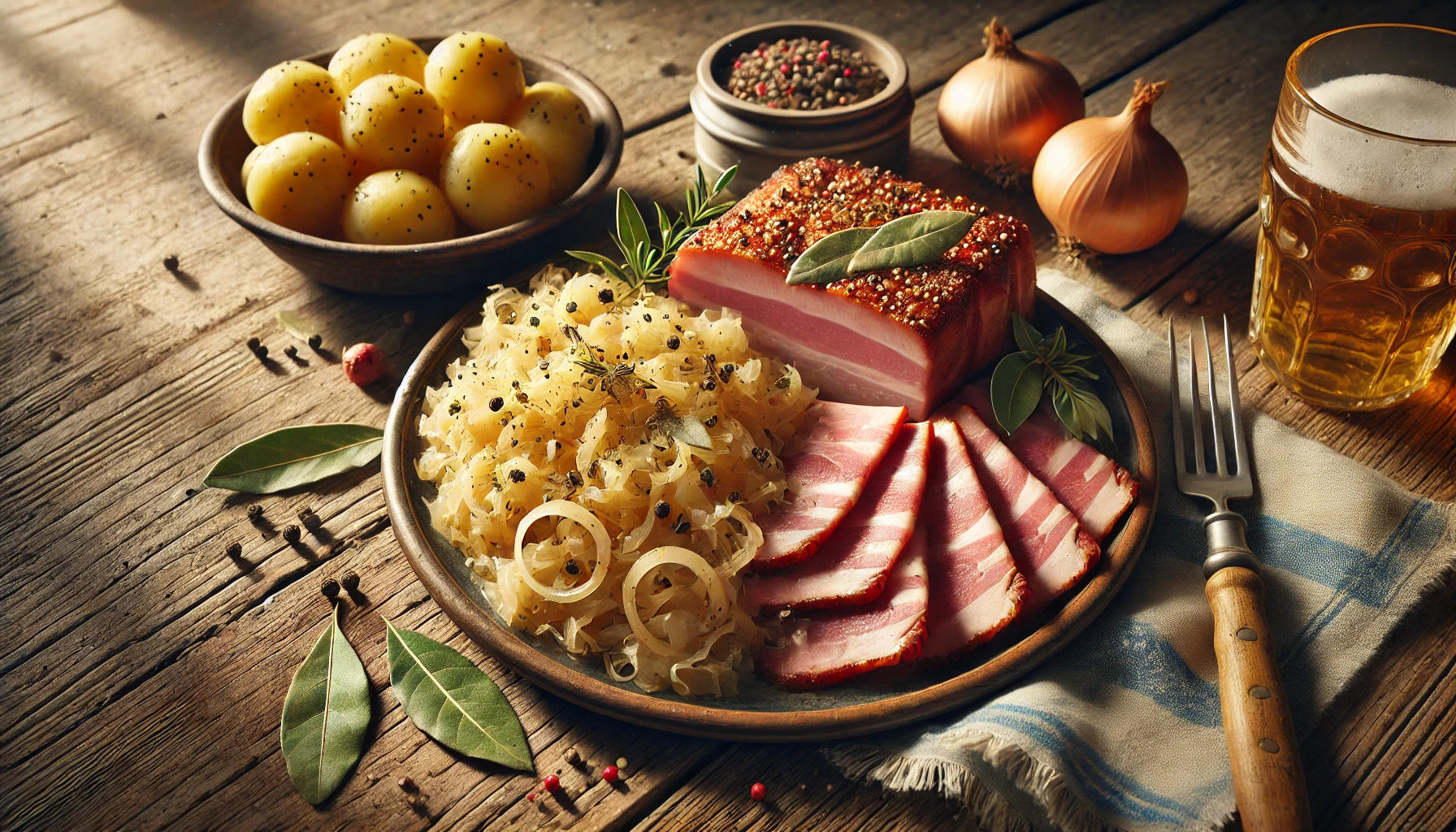 Das Foto zeigt den fertigen Kasseler, in Scheiben geschnitten, zusammen mit dem Sauerkraut auf einem Teller angerichtet. Daneben liegen Kartoffeln oder Klöße, die das Gericht vervollständigen. Der Tisch ist rustikal gedeckt, und die Szene ist warm und einladend, perfekt für ein herzhaftes Essen.