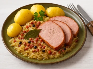 Kasseler mit Sauerkraut, Speck und Kartoffeln auf einem rustikalen Teller, serviert auf weißem Holztisch.