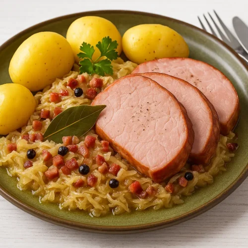 Kasseler mit Sauerkraut, Speck und Kartoffeln auf einem rustikalen Teller, serviert auf weißem Holztisch.