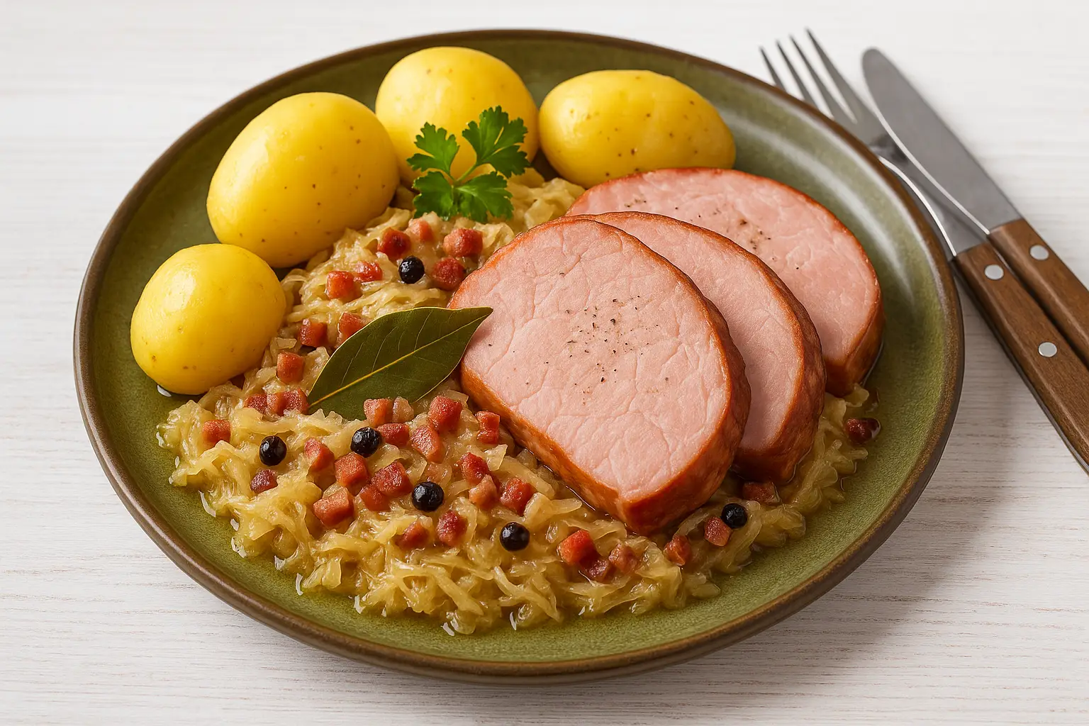 Kasseler mit Sauerkraut, Speck und Kartoffeln auf einem rustikalen Teller, serviert auf weißem Holztisch.