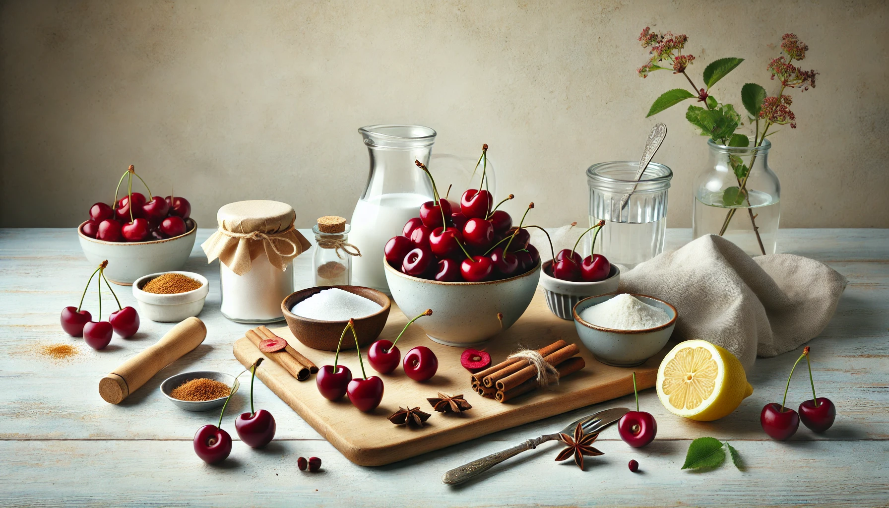 Eine wunderschön arrangierte Darstellung der Zutaten für die Kirschsuppe auf einem hellen Holztisch. Frische Kirschen, Zucker, Zimt, Speisestärke, Zitrone und Wasser sind elegant aufgereiht, begleitet von dekorativen Elementen wie einem Leinentuch und einer kleinen Kräuterpflanze.