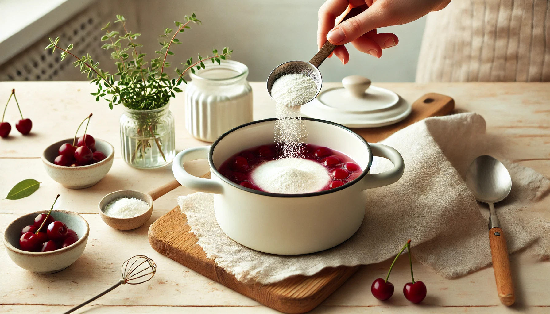 Eine helle und gemütliche Szene, bei der die Speisestärke in die kochende Kirschsuppe eingerührt wird. Der Topf steht auf einem hellen Holztisch, dekoriert mit einem Leinentuch und frischen Kräutern.