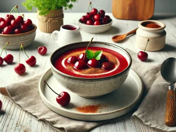 Die fertige Kirschsuppe wird in einer rustikalen Schale serviert, dekoriert mit frischen Kirschen und einem Hauch von Zimt. Die Präsentation ist simpel und einladend, perfekt für eine sommerliche Mahlzeit.