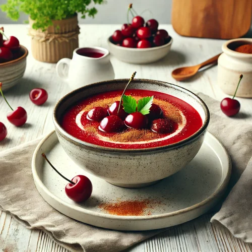 Die fertige Kirschsuppe wird in einer rustikalen Schale serviert, dekoriert mit frischen Kirschen und einem Hauch von Zimt. Die Präsentation ist simpel und einladend, perfekt für eine sommerliche Mahlzeit.