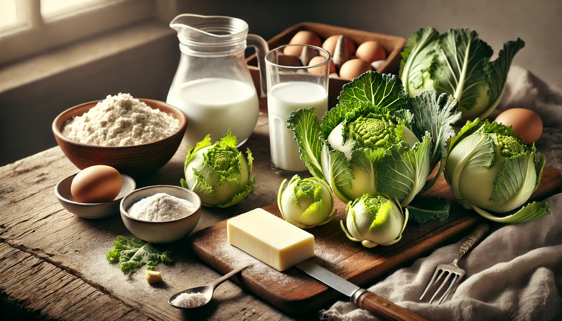 Ein Bild zeigt einen rustikalen Holztisch mit frischen, geschälten Kohlrabi und den restlichen Zutaten wie Butter, Mehl und Milch. Alles ist bereit für die Zubereitung des Kohlrabigemüses.