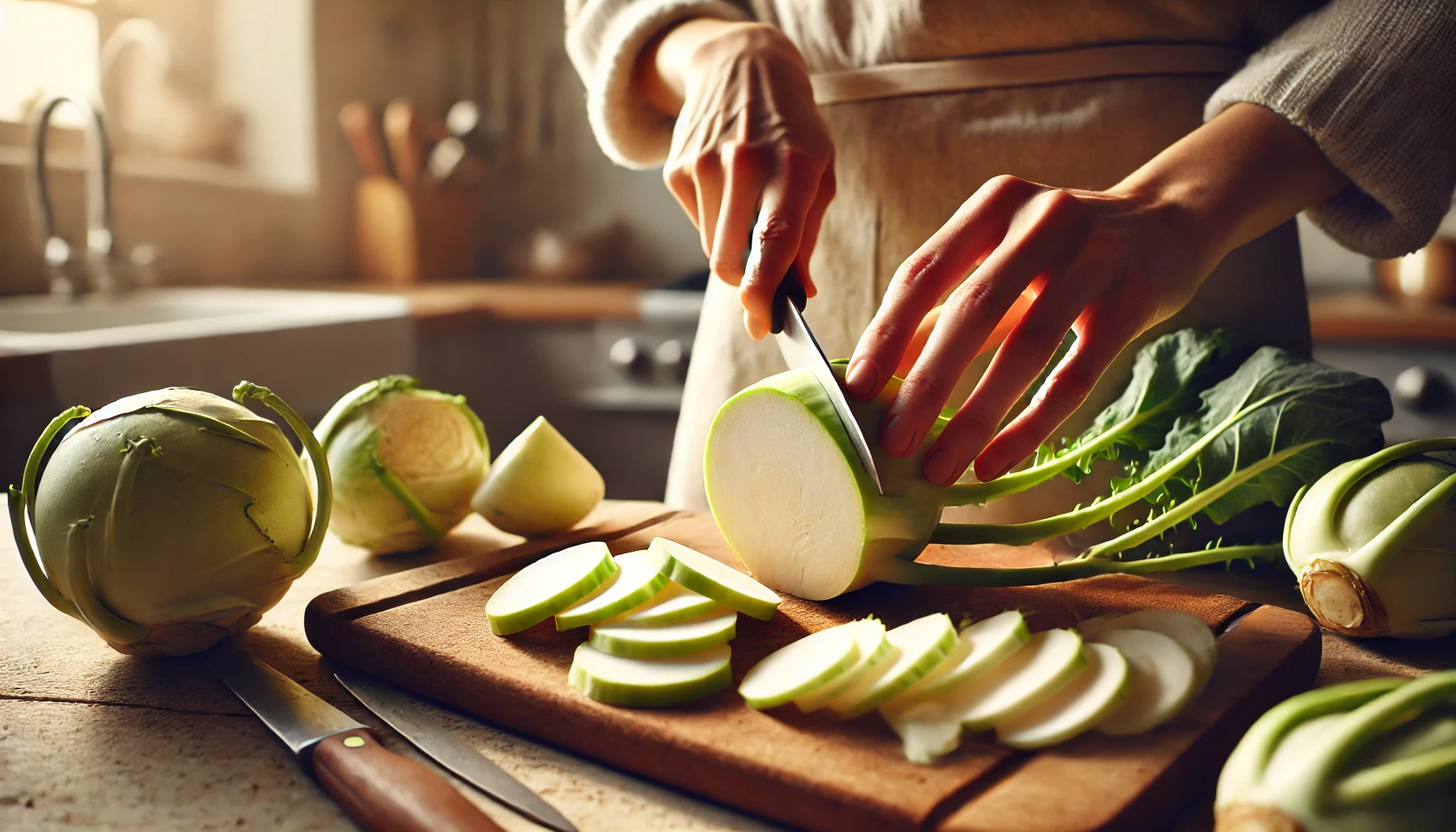 Eine Nahaufnahme zeigt, wie der Kohlrabi in gleichmäßige Scheiben oder Würfel geschnitten wird. Das Schneidebrett und die Messer sind sauber und bereit für den nächsten Schritt der Zubereitung.