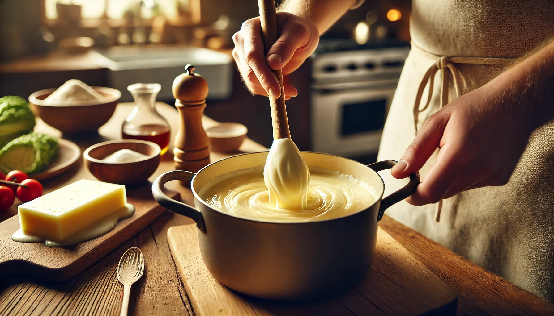 In einem Topf wird Butter geschmolzen und mit Mehl verrührt, um eine Mehlschwitze zu machen. Eine Hand rührt mit einem Schneebesen, während die cremige Soße langsam entsteht.