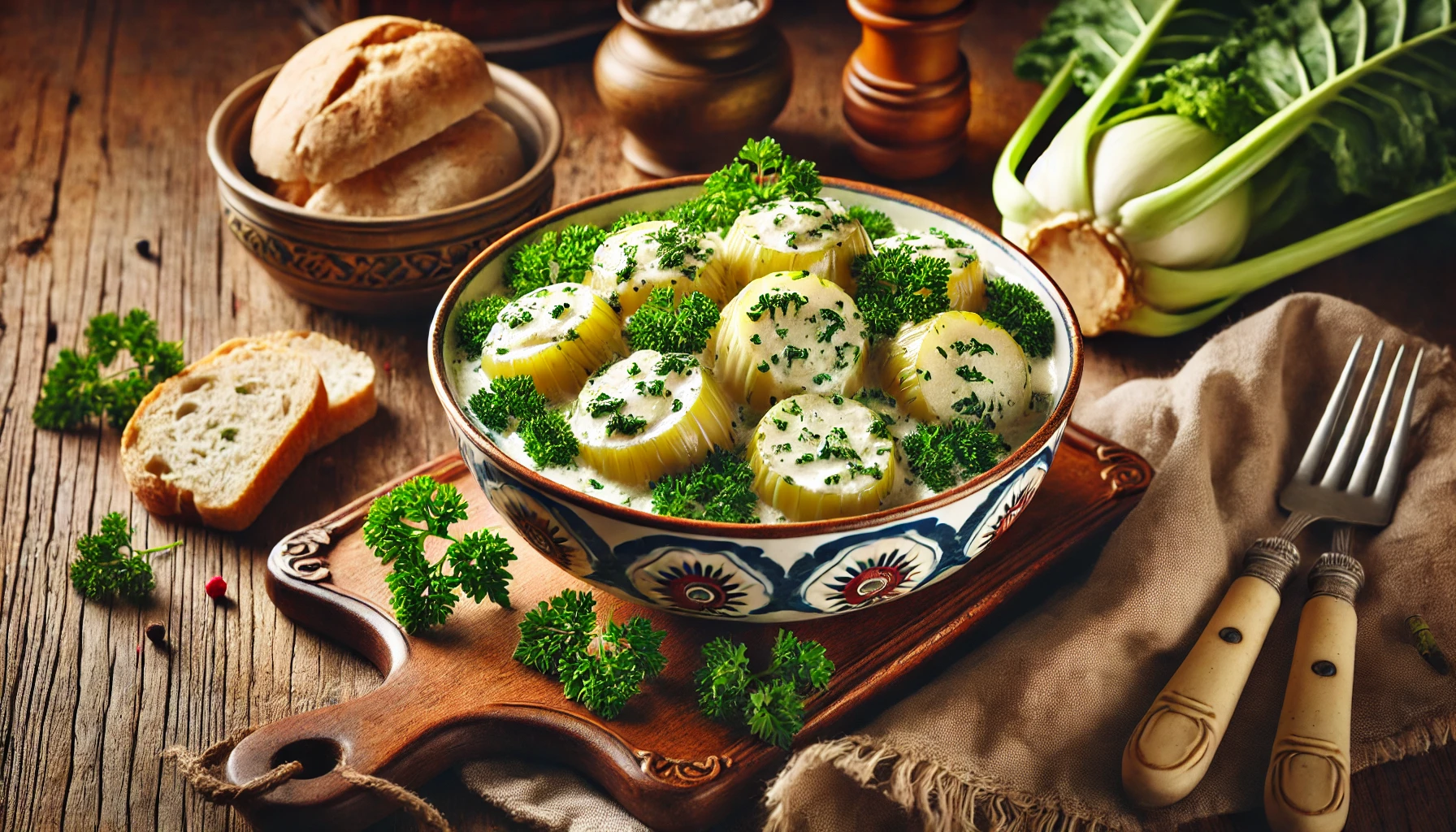 Das fertige Kohlrabigemüse wird in einer dekorativen Schale auf einem rustikalen Holztisch serviert. Die zarten Kohlrabi-Stücke sind mit der cremigen Soße überzogen, und das Gericht ist mit frischer Petersilie garniert.