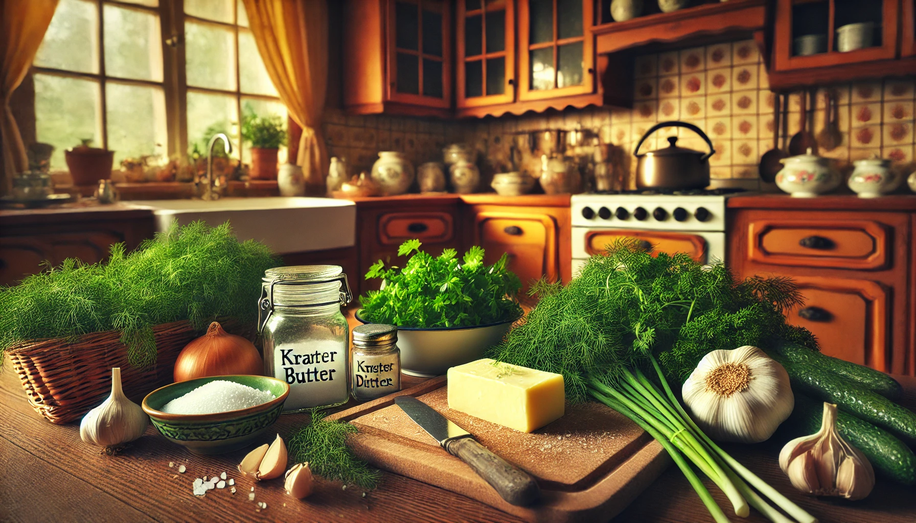 Die Butter, frische Kräuter, Knoblauch und Gewürze liegen auf einem Schneidebrett bereit. Die Kräuter werden gerade gehackt, um später in die Butter eingearbeitet zu werden.