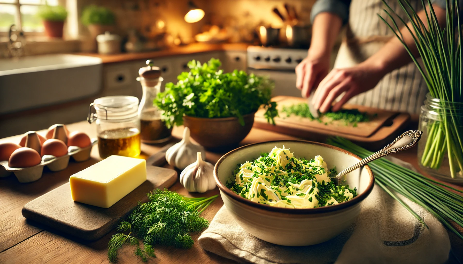 Die weiche Butter wird in einer Schüssel mit den gehackten Kräutern und dem Knoblauch vermischt. Der Duft der frischen Kräuter verbreitet sich in der Küche.