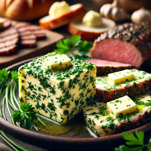 Die fertige Kräuterbutter ist in Scheiben geschnitten und auf einem Teller mit Brot und gegrilltem Fleisch serviert. Die Kräuterbutter schmilzt leicht und sorgt für einen frischen Geschmack.