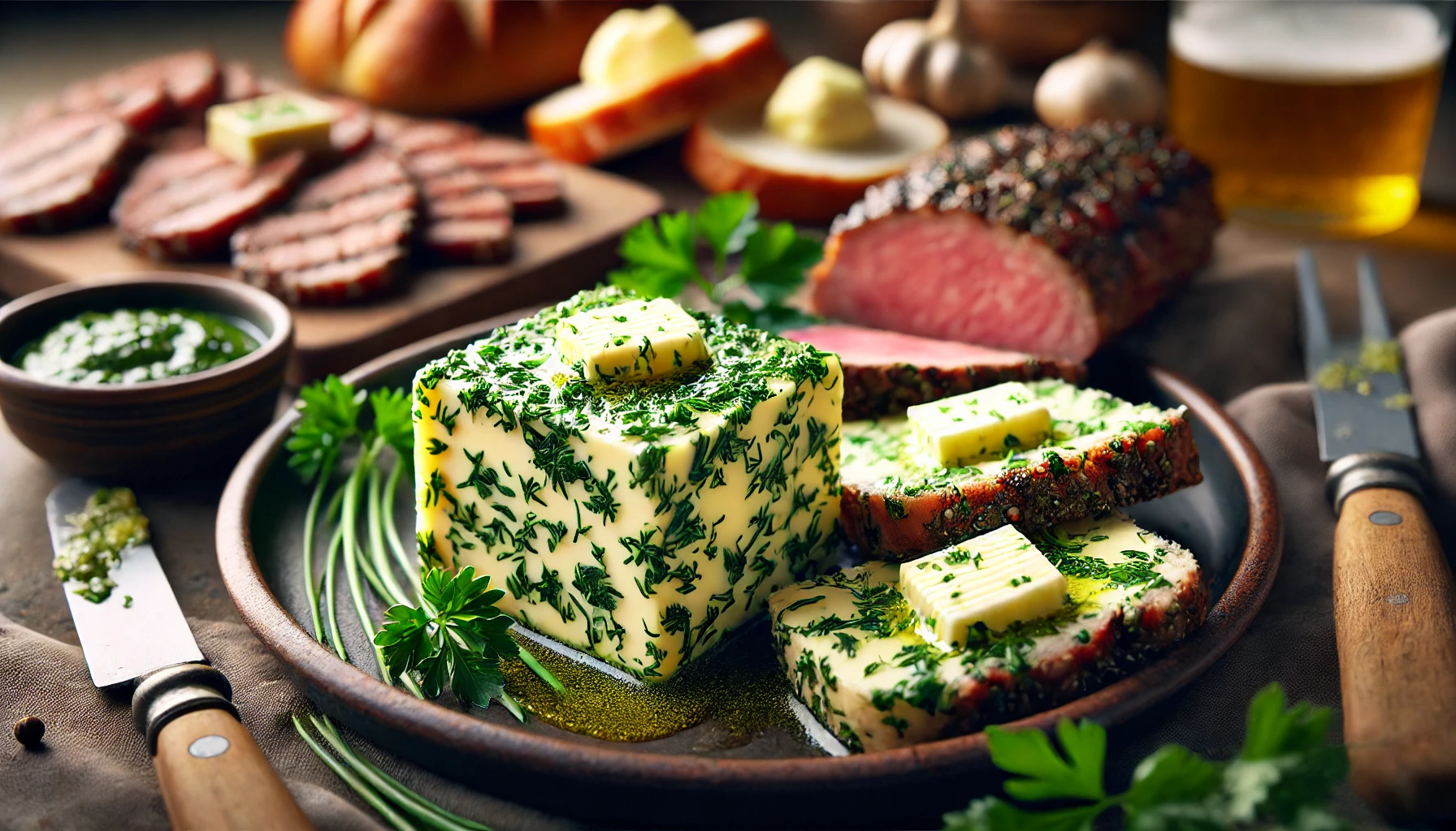 Die fertige Kräuterbutter ist in Scheiben geschnitten und auf einem Teller mit Brot und gegrilltem Fleisch serviert. Die Kräuterbutter schmilzt leicht und sorgt für einen frischen Geschmack.