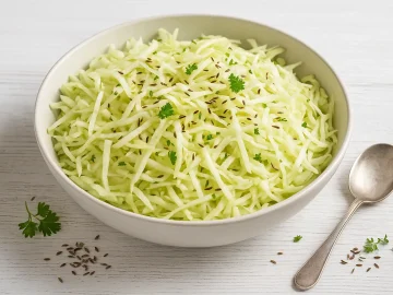 Krautsalat aus Weißkohlstreifen in einer großen Schüssel, garniert mit Kümmel, serviert auf weißem Holztisch.