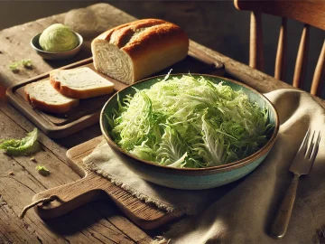 Das Foto zeigt den fertigen Krautsalat, angerichtet in einer Schale auf einem Holztisch. Der Salat sieht frisch und einladend aus, mit den feinen Kohlstreifen, die leicht glänzen. Daneben liegt ein Stück Brot, bereit zum Servieren. Die Szene ist warm und freundlich, perfekt für eine leichte Mahlzeit.