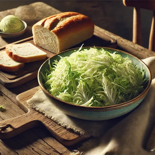 Das Foto zeigt den fertigen Krautsalat, angerichtet in einer Schale auf einem Holztisch. Der Salat sieht frisch und einladend aus, mit den feinen Kohlstreifen, die leicht glänzen. Daneben liegt ein Stück Brot, bereit zum Servieren. Die Szene ist warm und freundlich, perfekt für eine leichte Mahlzeit.