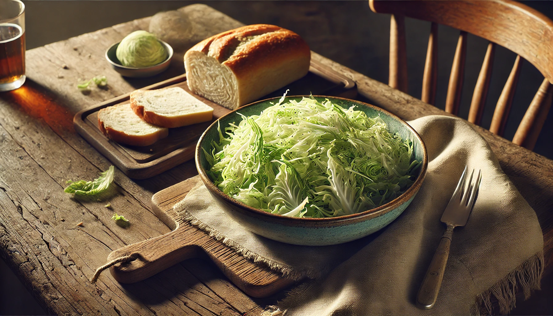 Das Foto zeigt den fertigen Krautsalat, angerichtet in einer Schale auf einem Holztisch. Der Salat sieht frisch und einladend aus, mit den feinen Kohlstreifen, die leicht glänzen. Daneben liegt ein Stück Brot, bereit zum Servieren. Die Szene ist warm und freundlich, perfekt für eine leichte Mahlzeit.