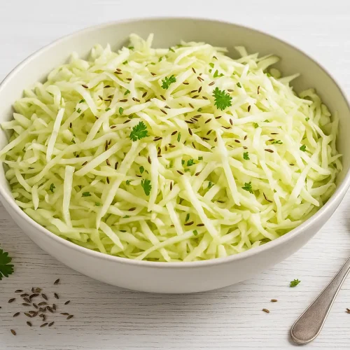Krautsalat aus Weißkohlstreifen in einer großen Schüssel, garniert mit Kümmel, serviert auf weißem Holztisch.