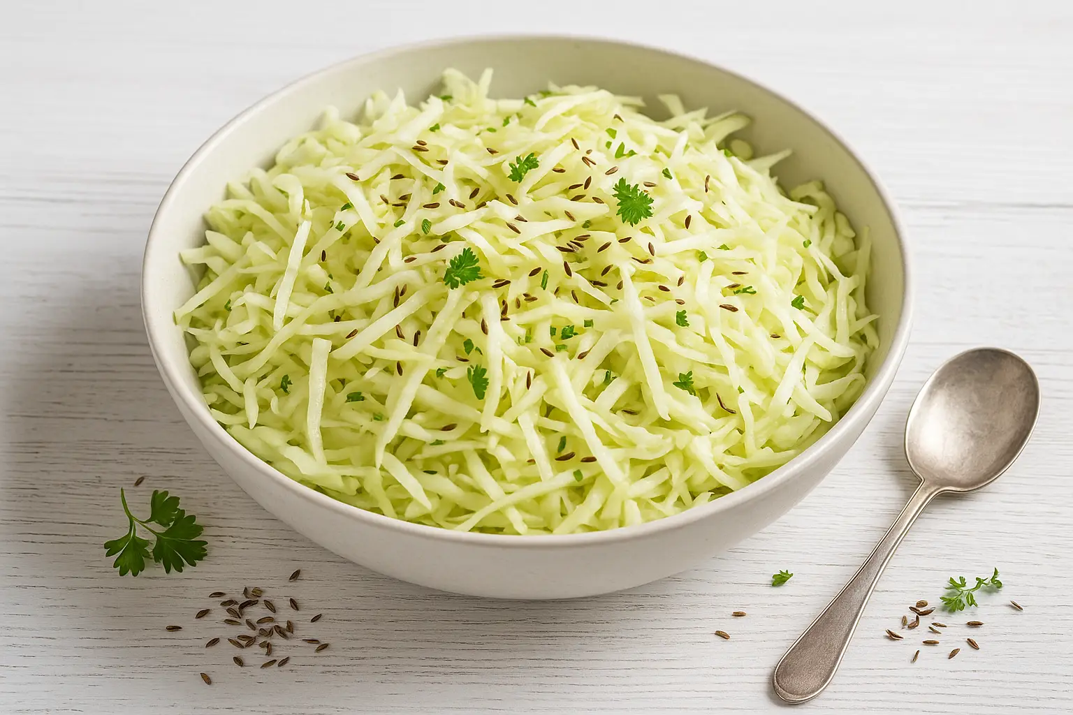 Krautsalat aus Weißkohlstreifen in einer großen Schüssel, garniert mit Kümmel, serviert auf weißem Holztisch.