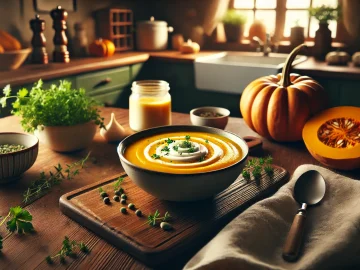 Die Kürbissuppe wird in einer Schale serviert, mit einem Klecks Sahne und frischen Kräutern garniert. Die Suppe sieht warm und einladend aus.