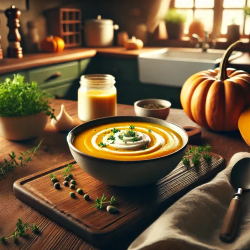 Die Kürbissuppe wird in einer Schale serviert, mit einem Klecks Sahne und frischen Kräutern garniert. Die Suppe sieht warm und einladend aus.