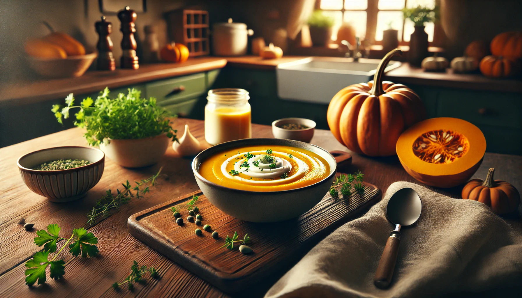 Die Kürbissuppe wird in einer Schale serviert, mit einem Klecks Sahne und frischen Kräutern garniert. Die Suppe sieht warm und einladend aus.