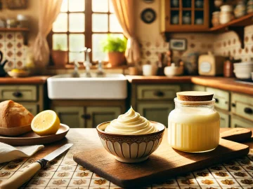 Die fertige Mayonnaise ist in einer kleinen Schüssel angerichtet und mit einem Spritzer Zitronensaft garniert. Die cremige Konsistenz und der helle, frische Farbton laden zum Genießen ein.