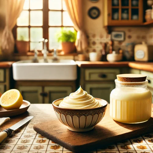 Die fertige Mayonnaise ist in einer kleinen Schüssel angerichtet und mit einem Spritzer Zitronensaft garniert. Die cremige Konsistenz und der helle, frische Farbton laden zum Genießen ein.