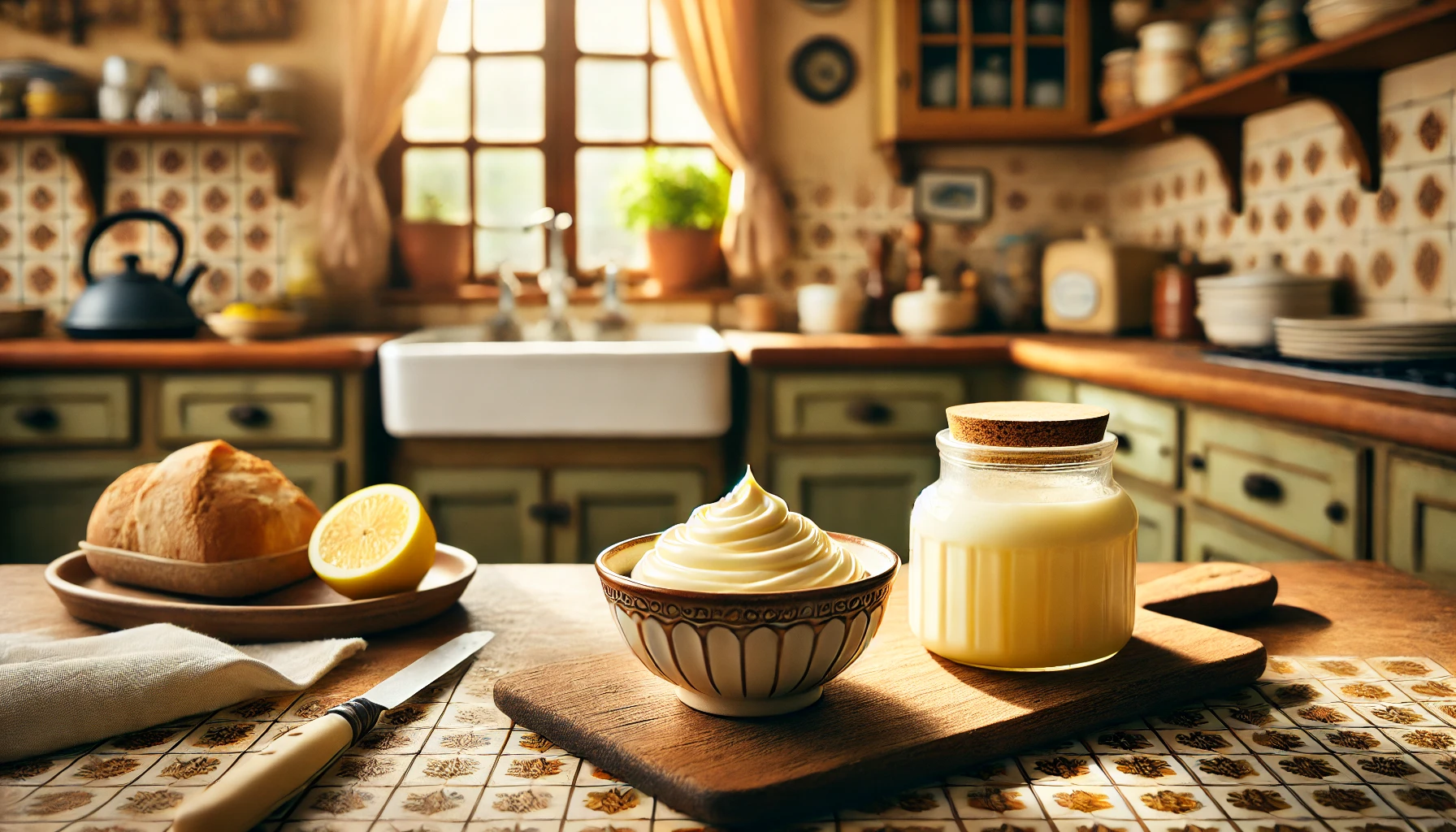 Die fertige Mayonnaise ist in einer kleinen Schüssel angerichtet und mit einem Spritzer Zitronensaft garniert. Die cremige Konsistenz und der helle, frische Farbton laden zum Genießen ein.