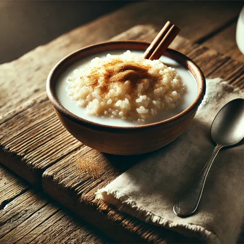 Das Foto zeigt eine Schüssel mit heißem Milchreis, bestreut mit der Zucker-Zimt-Mischung. Der Reis ist cremig und dampft leicht. Daneben liegt ein Löffel, bereit zum Essen. Die Szene ist gemütlich und perfekt für ein süßes, wärmendes Gericht.