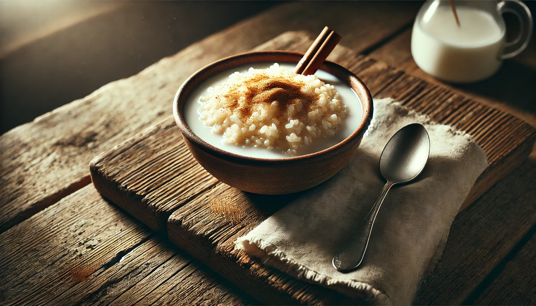 Das Foto zeigt eine Schüssel mit heißem Milchreis, bestreut mit der Zucker-Zimt-Mischung. Der Reis ist cremig und dampft leicht. Daneben liegt ein Löffel, bereit zum Essen. Die Szene ist gemütlich und perfekt für ein süßes, wärmendes Gericht.