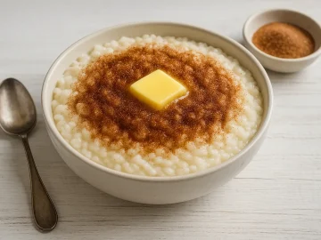 Milchreis mit Zucker und Zimt, in einer Schale serviert, mit schmelzendem Butterstück auf weißem Holztisch, daneben Löffel und Zimt-Zucker-Mischung.