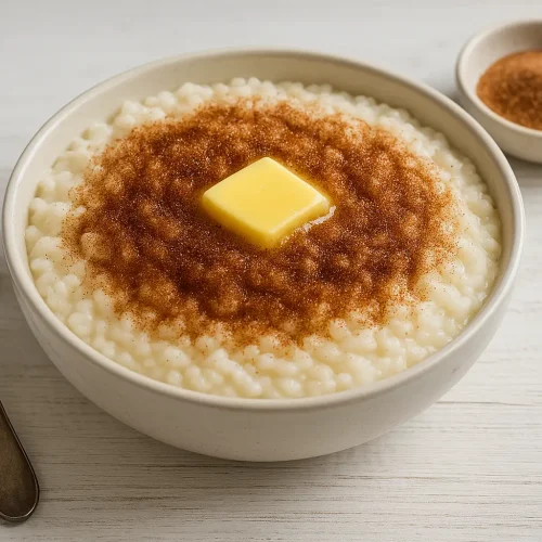 Milchreis mit Zucker und Zimt, in einer Schale serviert, mit schmelzendem Butterstück auf weißem Holztisch, daneben Löffel und Zimt-Zucker-Mischung.