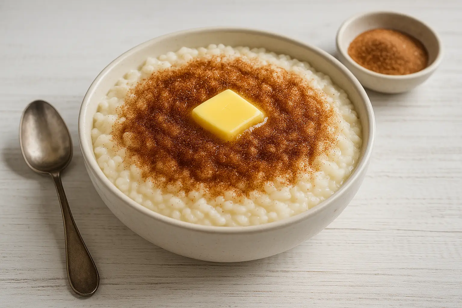 Milchreis mit Zucker und Zimt, in einer Schale serviert, mit schmelzendem Butterstück auf weißem Holztisch, daneben Löffel und Zimt-Zucker-Mischung.