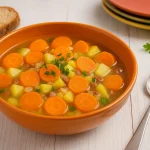 Möhreneintopf nach DDR-Rezept in tiefem orangefarbenen Teller, mit Möhren, Kartoffeln, Zwiebeln, Speck oder Wurst, klarer Brühe und frischer Petersilie, dazu Brot, modernes Besteck und bunte Teller auf weißem Holztisch.