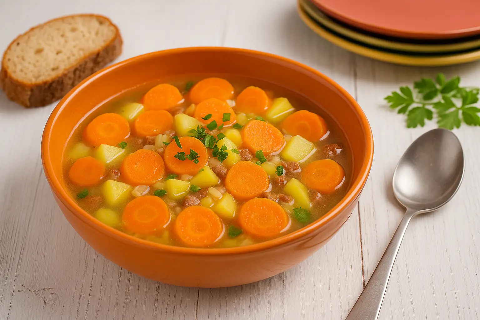 Möhreneintopf nach DDR-Rezept in tiefem orangefarbenen Teller, mit Möhren, Kartoffeln, Zwiebeln, Speck oder Wurst, klarer Brühe und frischer Petersilie, dazu Brot, modernes Besteck und bunte Teller auf weißem Holztisch.