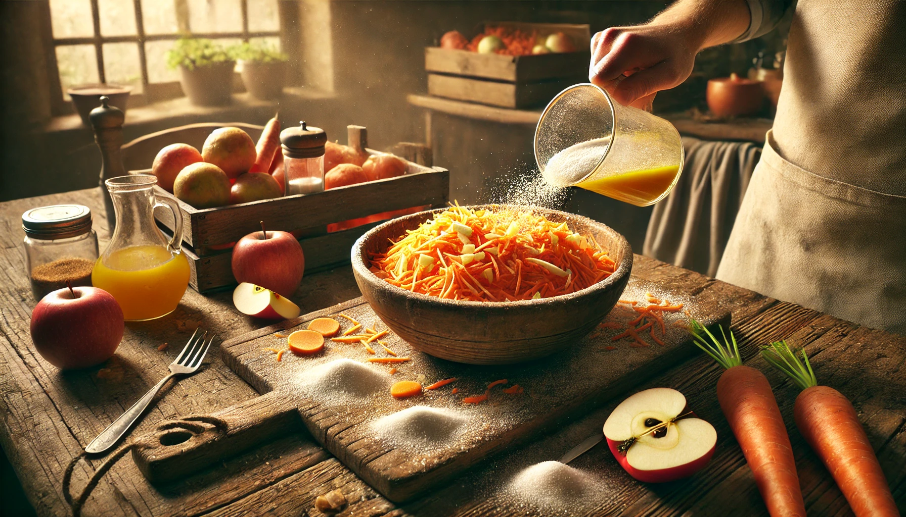 Das Foto zeigt eine Schüssel, in der die geriebenen Möhren und Äpfel zusammen mit dem Zitronensaft und Zucker vermischt werden. Die Zutaten sehen frisch und farbenfroh aus, und die Schüssel steht auf einem rustikalen Küchentisch.