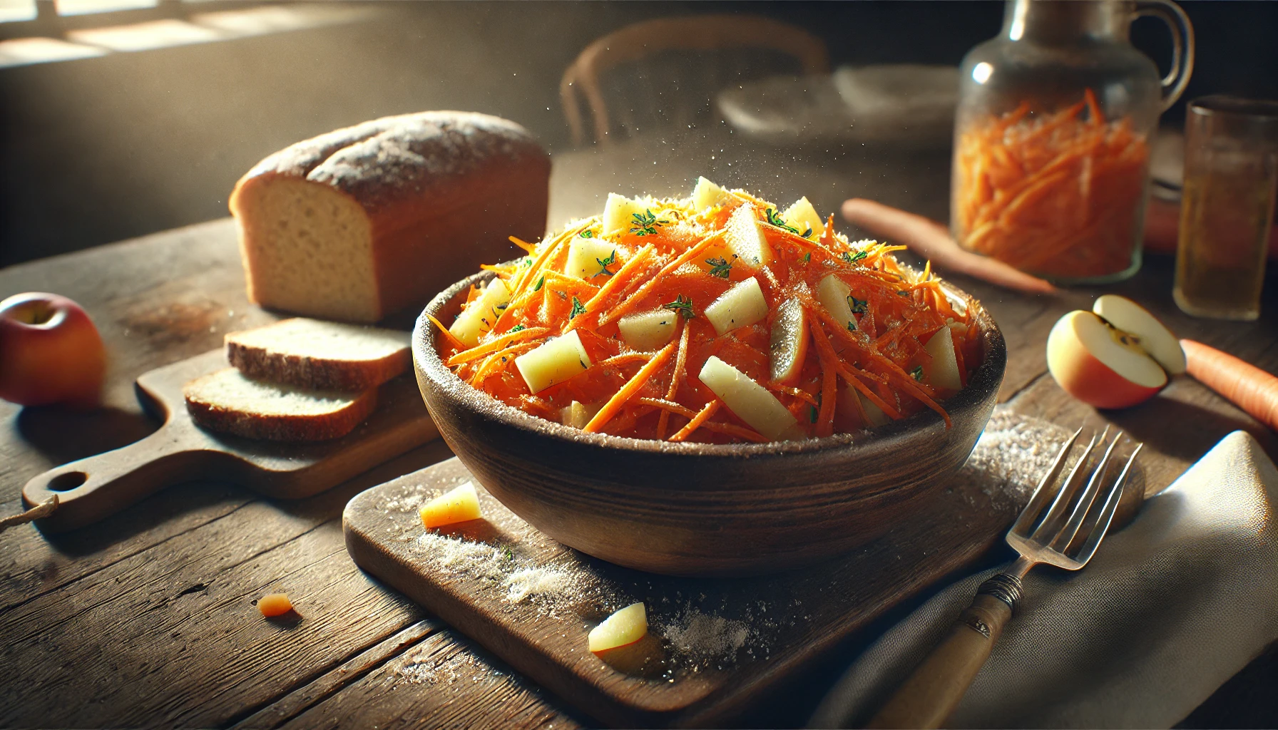 Das Foto zeigt den fertigen Möhrensalat in einer Schale, angerichtet auf einem Holztisch. Daneben liegt ein Stück frisches Brot, bereit zum Servieren. Der Salat sieht frisch und einladend aus, mit leuchtend orangefarbenen Möhren und feinen Apfelscheiben, die durch den Zitronensaft glänzen.