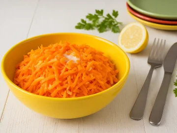 Möhrensalat nach DDR-Rezept in gelber Schüssel, fein geriebene Möhren mit Apfel, dazu Zitronenscheiben, bunte Teller, Besteck und Petersilie auf weißem Holztisch.