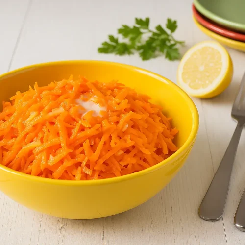 Möhrensalat nach DDR-Rezept in gelber Schüssel, fein geriebene Möhren mit Apfel, dazu Zitronenscheiben, bunte Teller, Besteck und Petersilie auf weißem Holztisch.