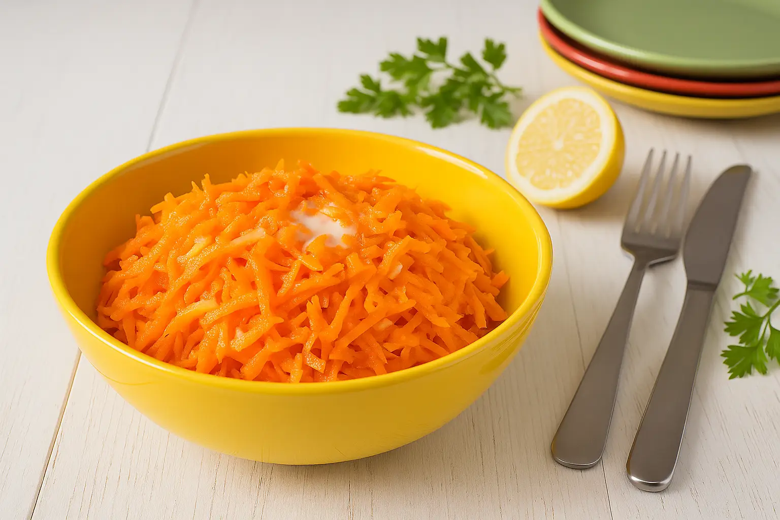 Möhrensalat nach DDR-Rezept in gelber Schüssel, fein geriebene Möhren mit Apfel, dazu Zitronenscheiben, bunte Teller, Besteck und Petersilie auf weißem Holztisch.