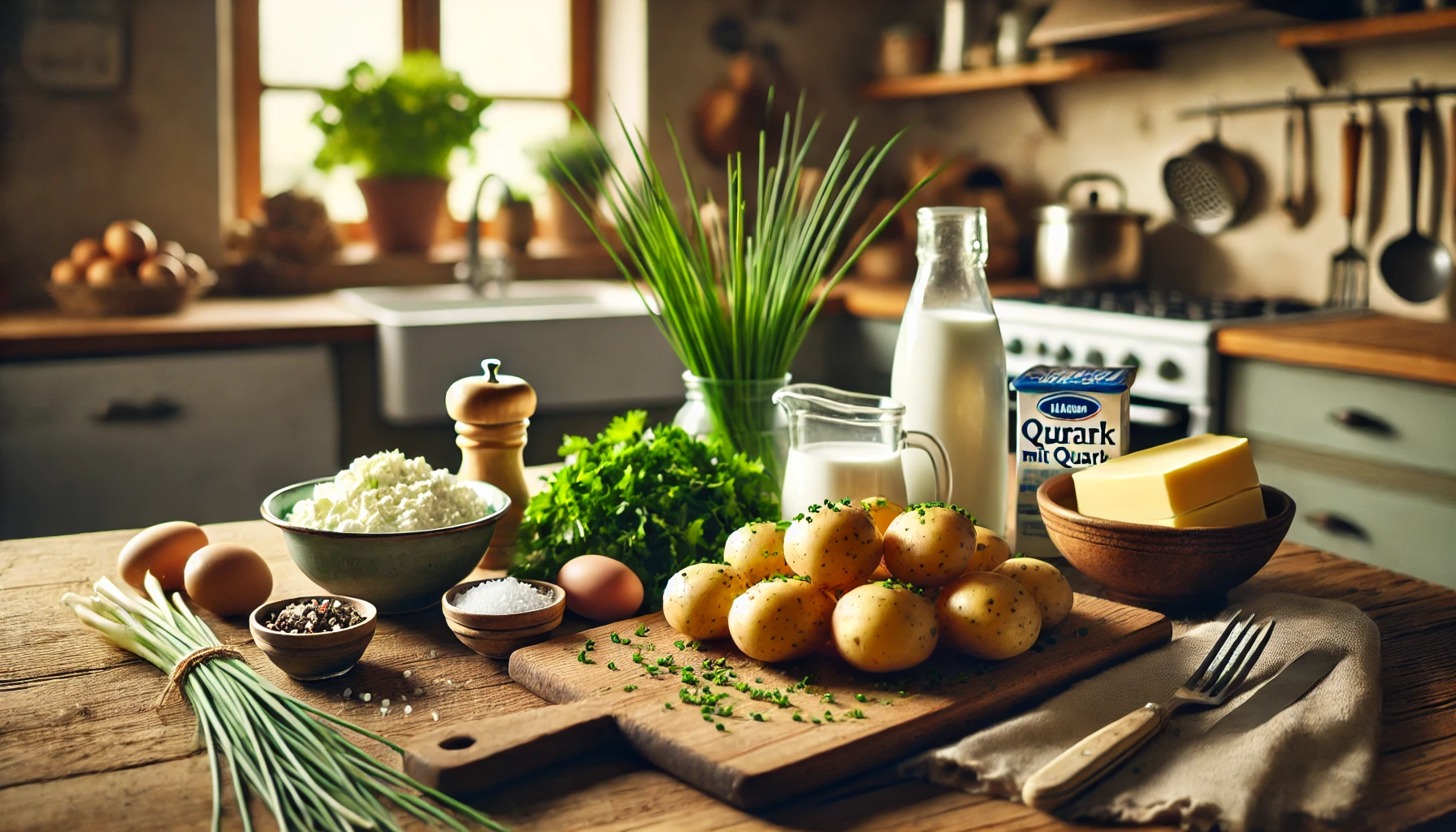 Auf einem Schneidebrett liegen die Hauptzutaten: frische Kartoffeln, Quark, Schnittlauch, Petersilie, Salz, Pfeffer und etwas Milch. Die Küche ist warm beleuchtet und die Zutaten stehen bereit zur Zubereitung.