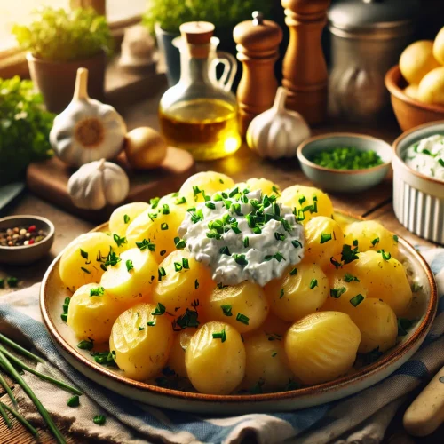 Pellkartoffeln und Quark werden auf einem Teller angerichtet. Die warmen Kartoffeln liegen auf der einen Seite, daneben eine großzügige Portion Kräuterquark, garniert mit frischem Schnittlauch und Petersilie. Das Gericht sieht einladend und lecker aus, perfekt für ein leichtes, sättigendes Essen.