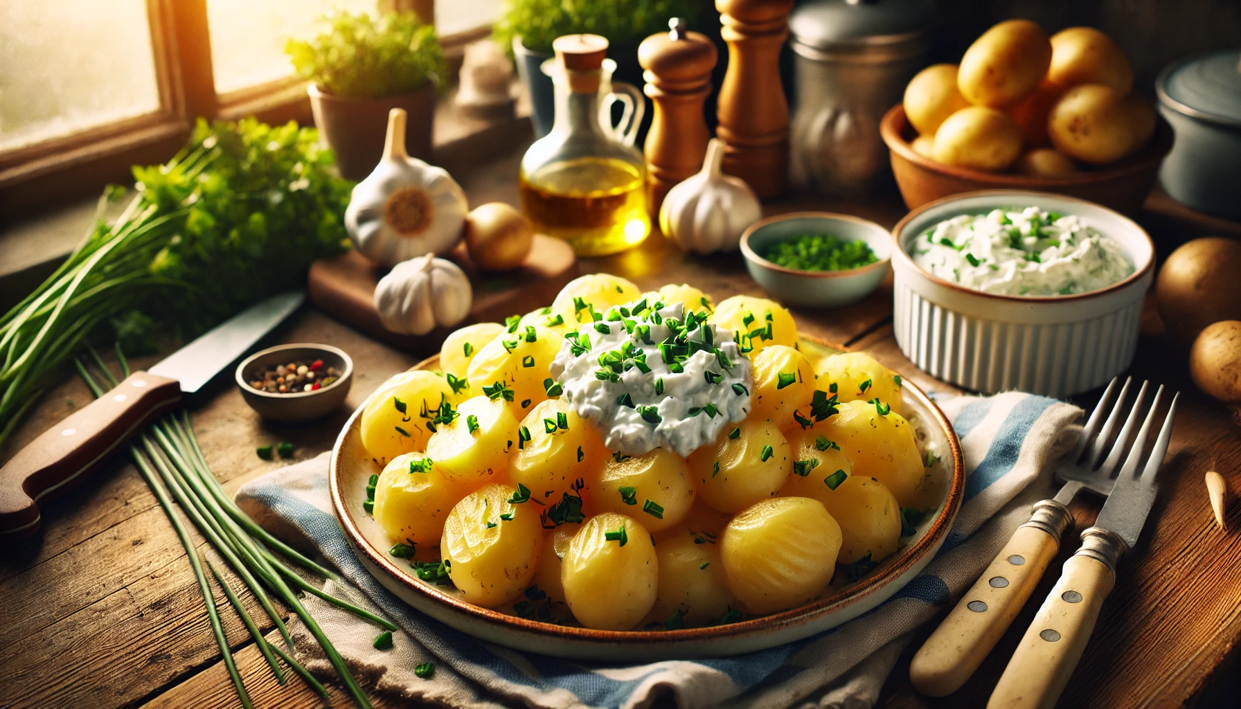 Pellkartoffeln und Quark werden auf einem Teller angerichtet. Die warmen Kartoffeln liegen auf der einen Seite, daneben eine großzügige Portion Kräuterquark, garniert mit frischem Schnittlauch und Petersilie. Das Gericht sieht einladend und lecker aus, perfekt für ein leichtes, sättigendes Essen.