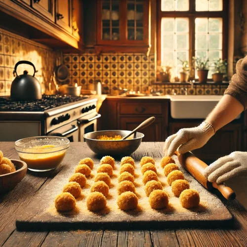 Die Knödel sind in goldbraune Butterbrösel gewendet und auf einem Teller angerichtet, mit einer Prise Zucker und Zimt garniert. Die warme, gemütliche Atmosphäre der Küche lädt zum Genießen ein.