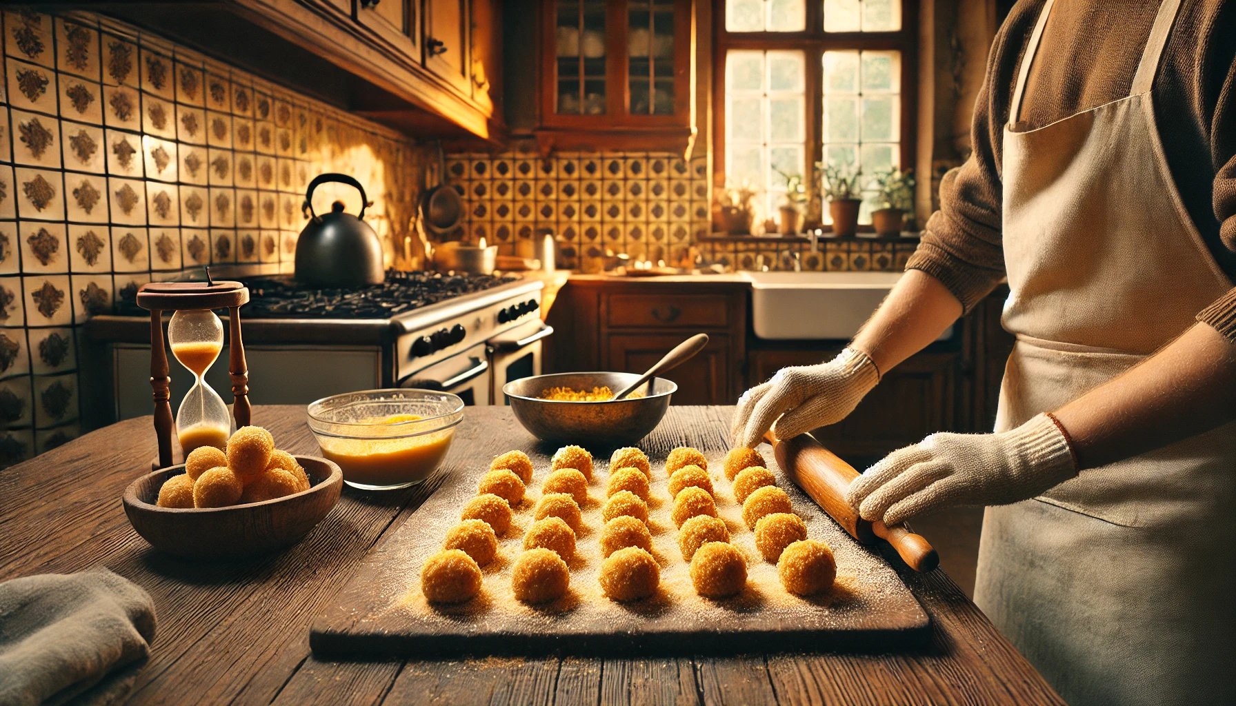 Die Knödel sind in goldbraune Butterbrösel gewendet und auf einem Teller angerichtet, mit einer Prise Zucker und Zimt garniert. Die warme, gemütliche Atmosphäre der Küche lädt zum Genießen ein.