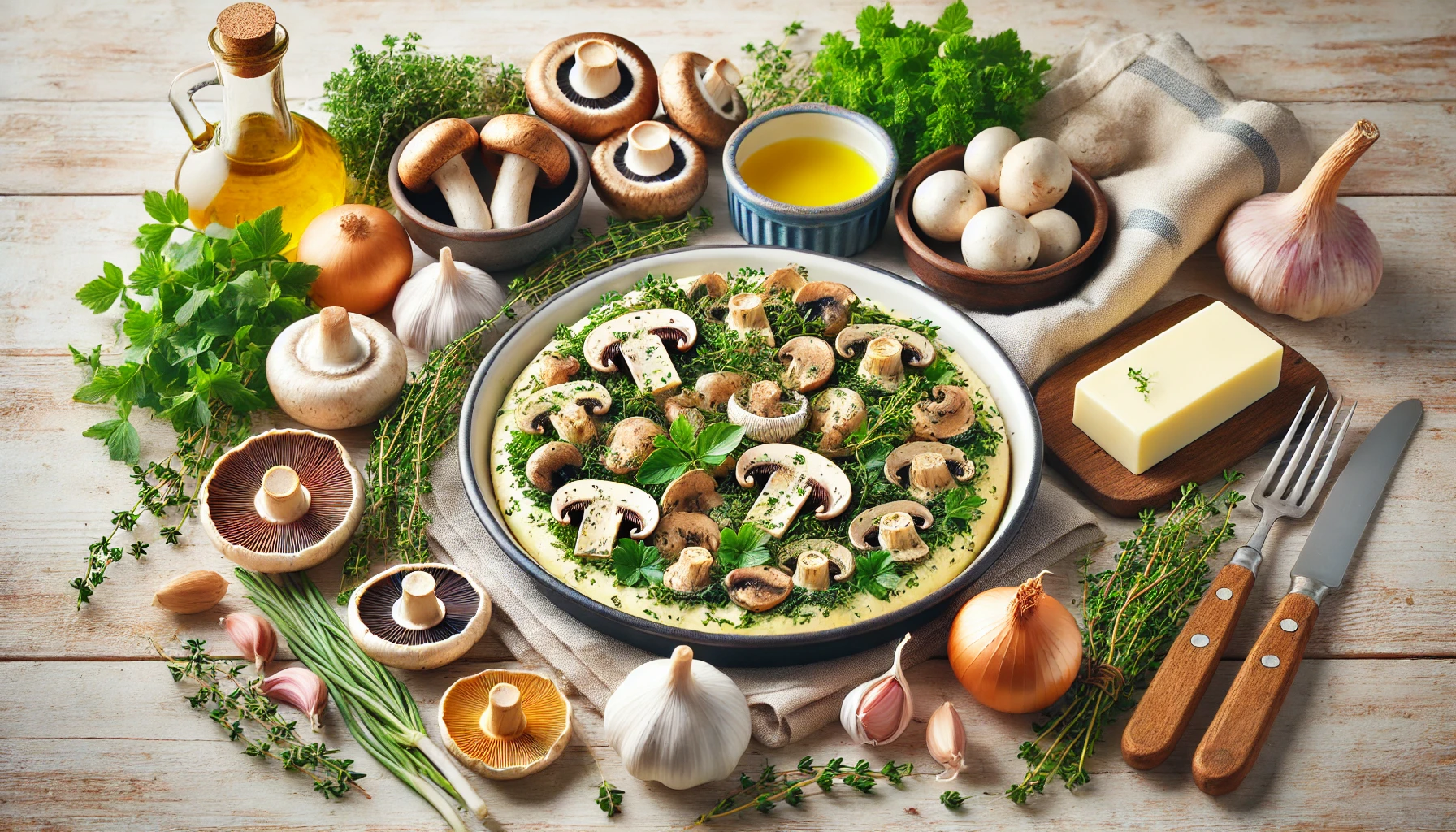 Zutaten für die Pilzpfanne: Eine rustikale Darstellung der frischen Zutaten auf einem hellen Holztisch. Zu sehen sind verschiedene Pilze (Champignons und Pfifferlinge), Zwiebeln, Knoblauch, frische Kräuter wie Petersilie und Thymian, sowie Butter. Begleitet wird die Szene von einem Leinentuch und einem kleinen Kräutertopf als Dekoration.