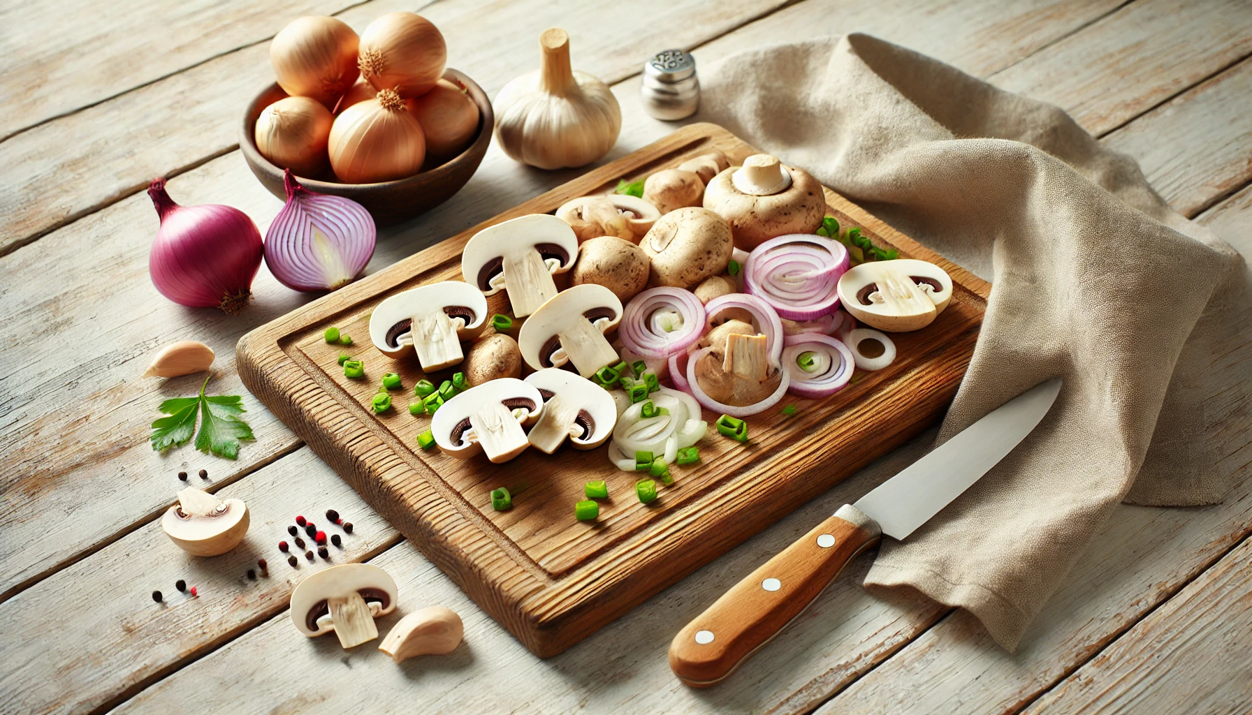 Pilze und Zwiebeln vorbereitet: Auf einem Schneidebrett liegen frisch geschnittene Pilze, gehackte Zwiebeln und Knoblauch bereit. Die Szenerie ist minimalistisch und rustikal, betont durch das helle Holz und einige dekorative Elemente.