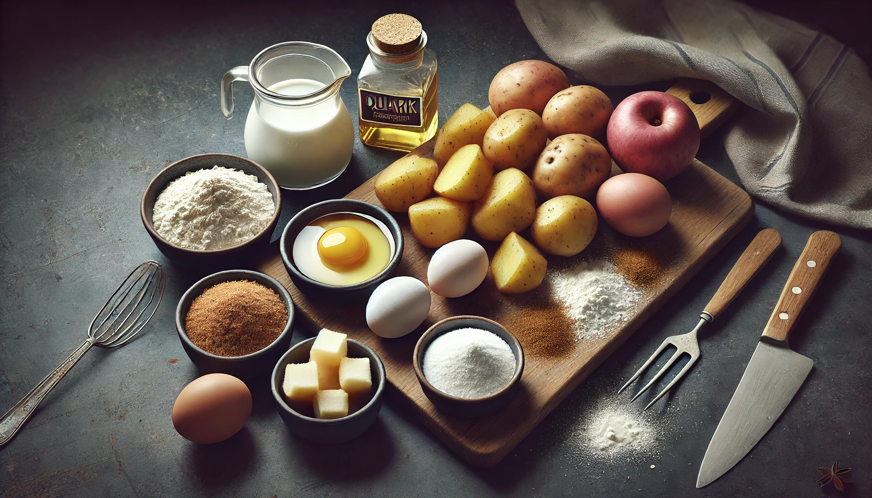 Gekochte Kartoffeln, Quark, Mehl, Ei, Zucker und Zimt liegen bereit zur Zubereitung auf einem Schneidebrett.